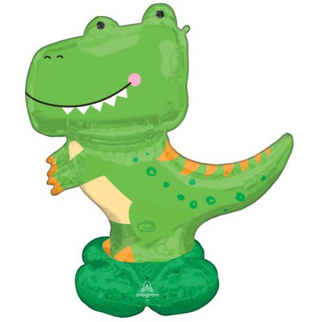 Large AirLoonz T-Rex Dinosaur balloon, 114cm x 137cm, includes straw and elastic strap for secure inflation.