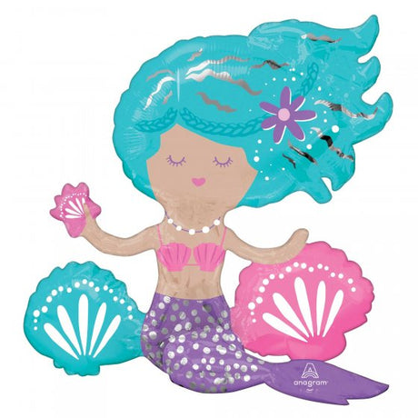 Vibrant mermaid design foil balloon, 45cm x 43cm, perfect for ocean-themed parties and celebrations.