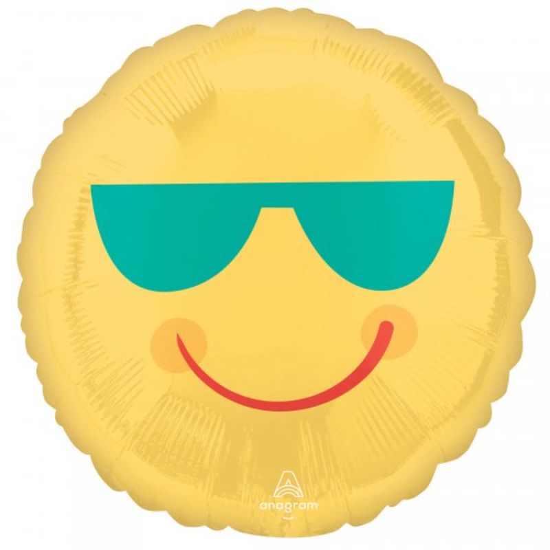 45cm yellow smiley face balloon with sunglasses, ideal for celebrations and party decorations.