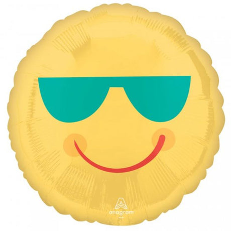 45cm yellow smiley face balloon with sunglasses, ideal for celebrations and party decorations.