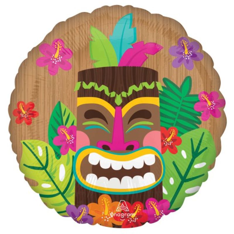 Vibrant 45cm Vintage Tiki foil balloon, perfect for tropical-themed events and easy to inflate and seal.