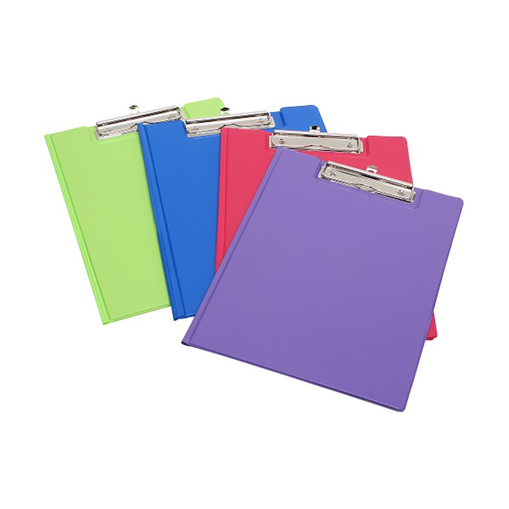 Marbig A4 Clipfolder pack of 12 in vibrant summer colors: blue, pink, lime, and purple for organized, stylish document storage.