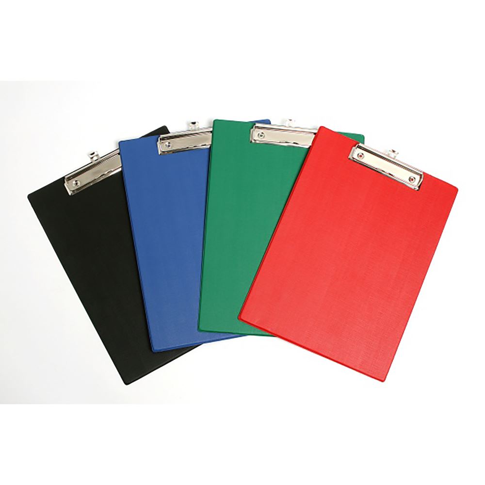 Marbig PVC Foolscap Clipboard in vibrant red with metal clip and retractable hook, perfect for organization and display.