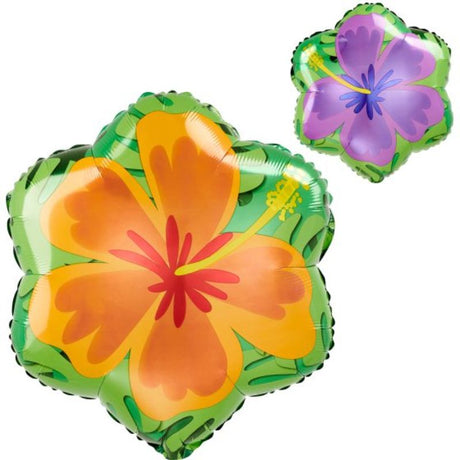 XL orange and purple hibiscus foil balloon, 45cm, perfect for summer celebrations and tropical-themed events.