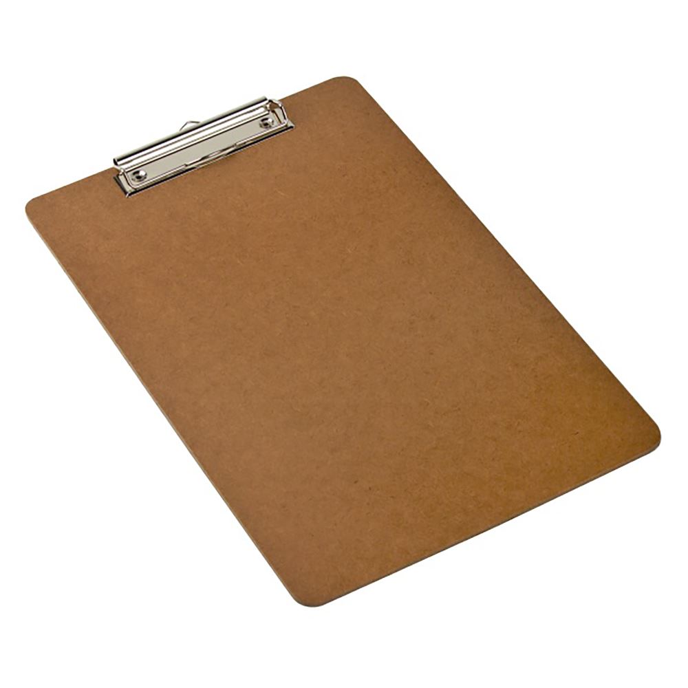 Durable Marbig Masonite clipboard with metal clips, retractable hook, and foolscap size dimensions.