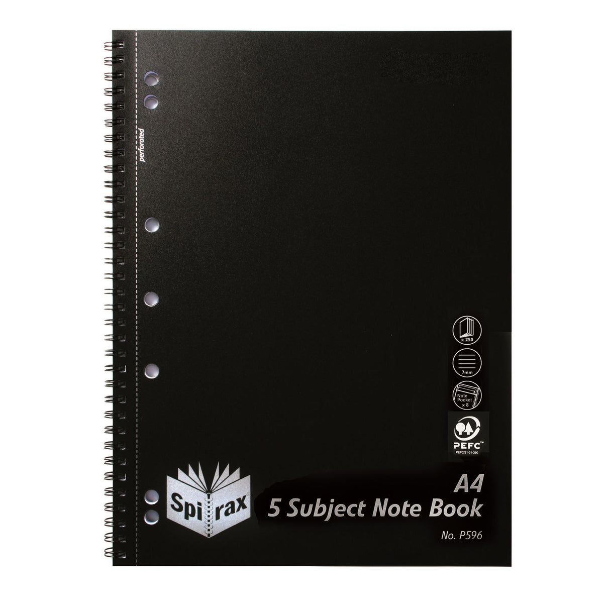 Spirax P596 A4 5 Subject Notebook with black cover, 250 pages, perforated, 4 dividers, and 7mm ruled lines.