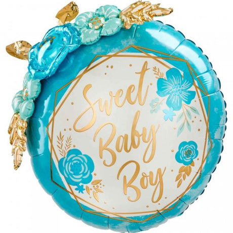 61cm floral and geometric foil balloon for baby boy celebrations, perfect for showers and birthday parties.