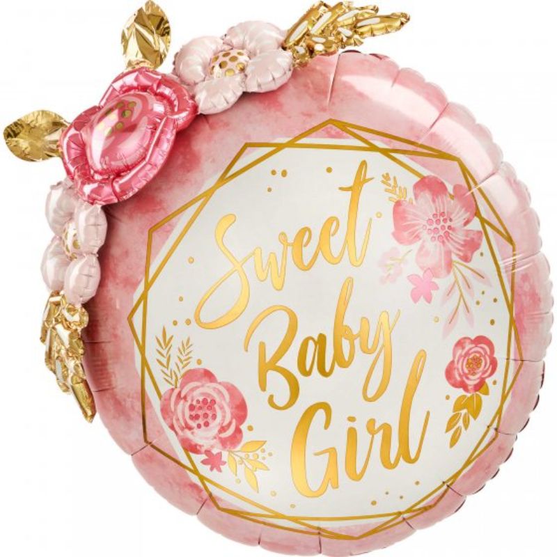 61cm self-sealing foil balloon featuring pastel floral designs, perfect for baby girl celebrations and decor.