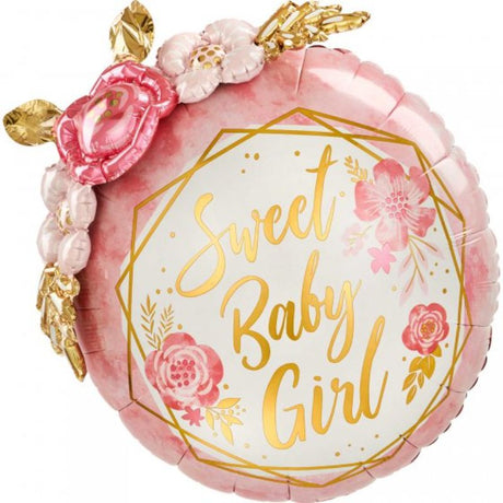 61cm self-sealing foil balloon featuring pastel floral designs, perfect for baby girl celebrations and decor.
