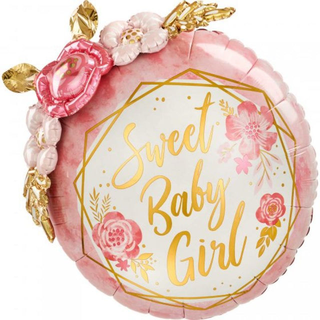 61cm self-sealing foil balloon featuring pastel floral designs, perfect for baby girl celebrations and decor.
