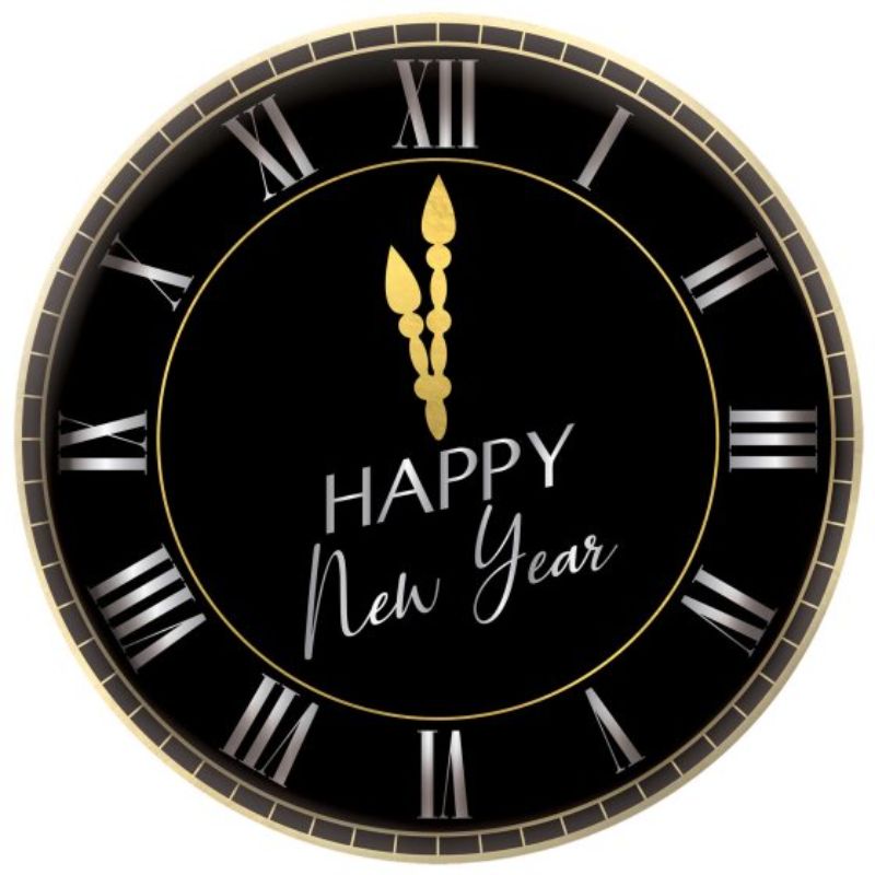 Elegant black, silver, and gold 34cm melamine platter for serving appetizers and desserts at New Year celebrations.