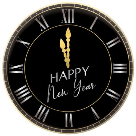 Elegant black, silver, and gold 34cm melamine platter for serving appetizers and desserts at New Year celebrations.