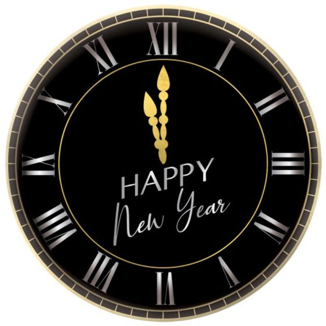 Elegant black, silver, and gold 34cm melamine platter for serving appetizers and desserts at New Year celebrations.