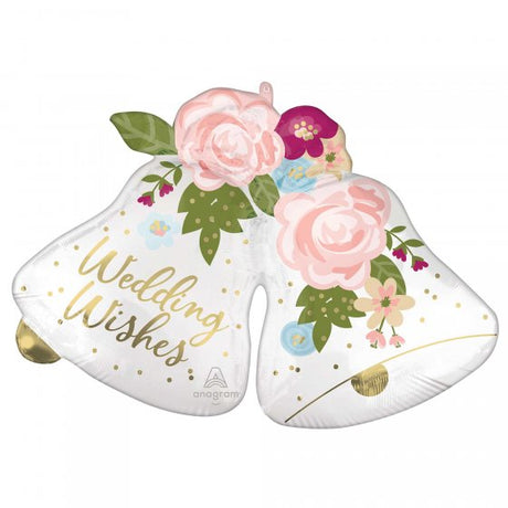 Large satin foil balloon shaped like bells, perfect for wedding celebrations, measuring 83cm x 60cm.
