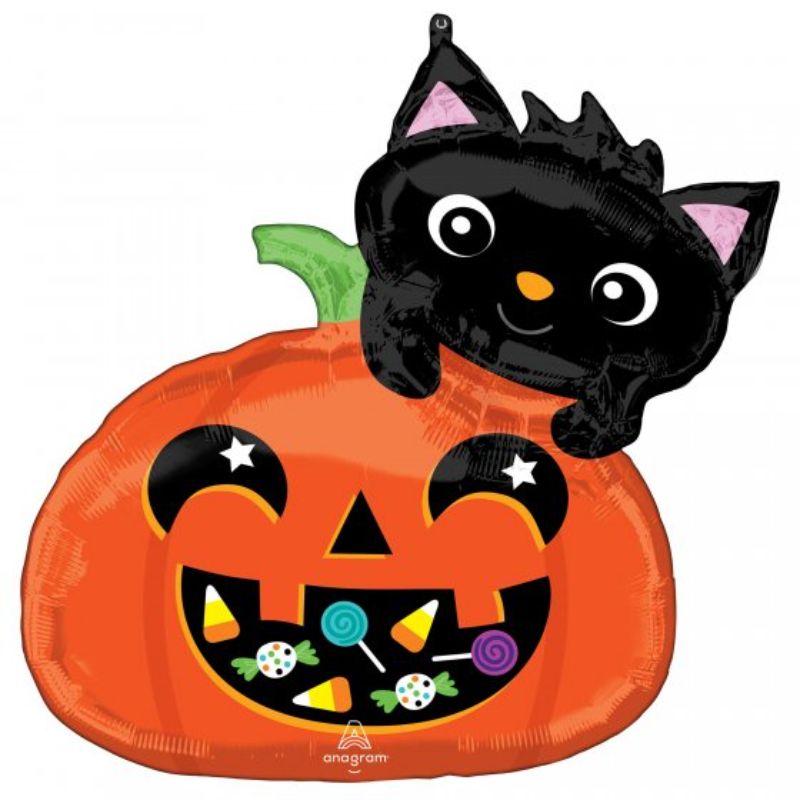 Vibrant 63cm XL foil balloon featuring a cute cat and whimsical pumpkin, perfect for Halloween and festive gatherings.