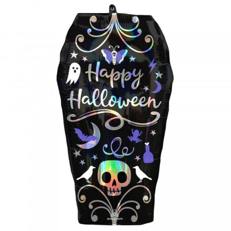 Holographic iridescent coffin balloon, perfect for Halloween parties and gothic-themed events, 38cm x 68cm size.