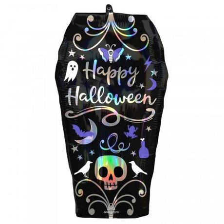 Holographic iridescent coffin balloon, perfect for Halloween parties and gothic-themed events, 38cm x 68cm size.