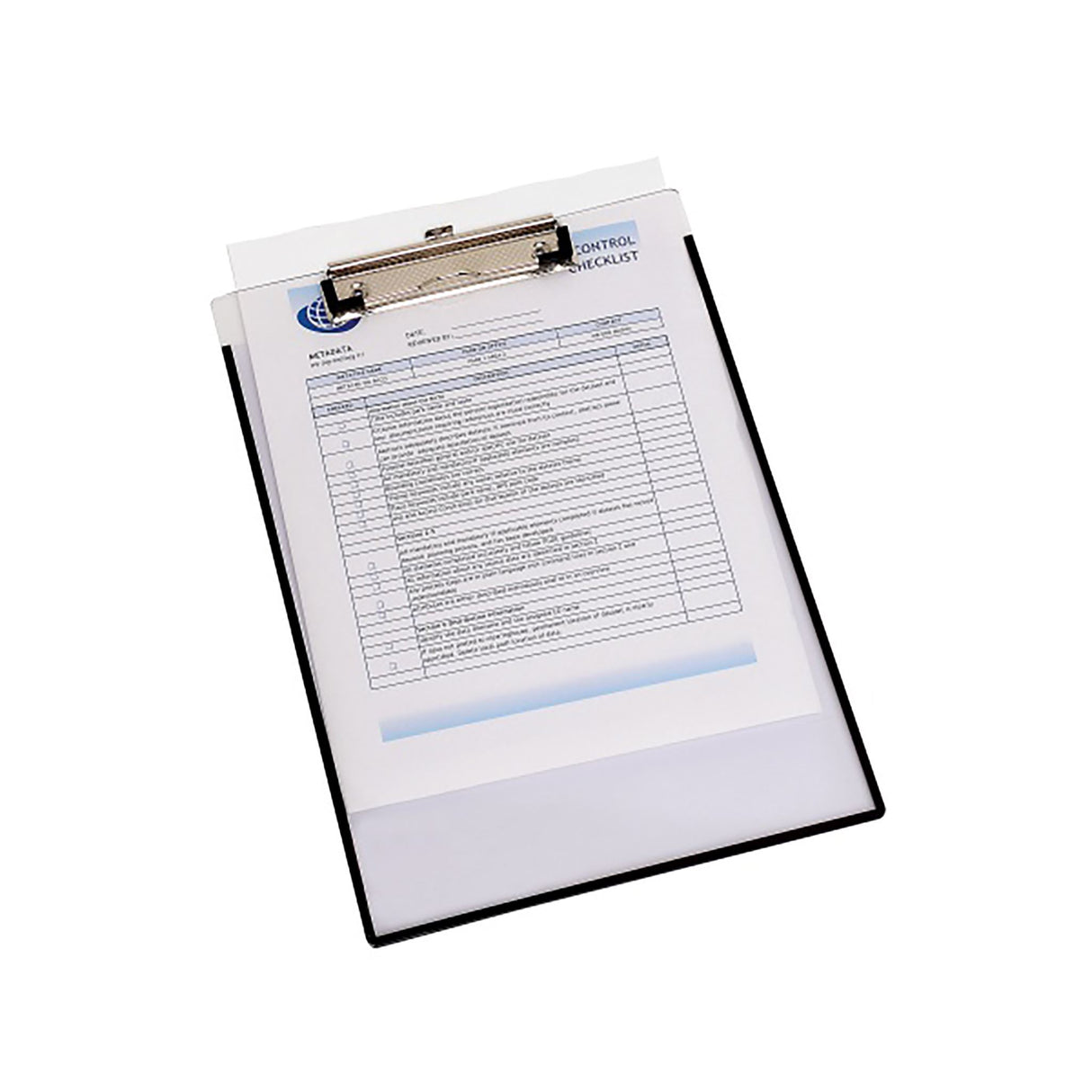 Marbig A4 Clearview Clipboard with insert cover for displaying documents and convenient note-taking, featuring a pull-out hook.