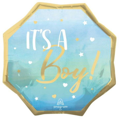 Jumbo blue foil balloon shaped like 'It's A Boy', perfect for baby showers and gender reveal parties, 55cm size.