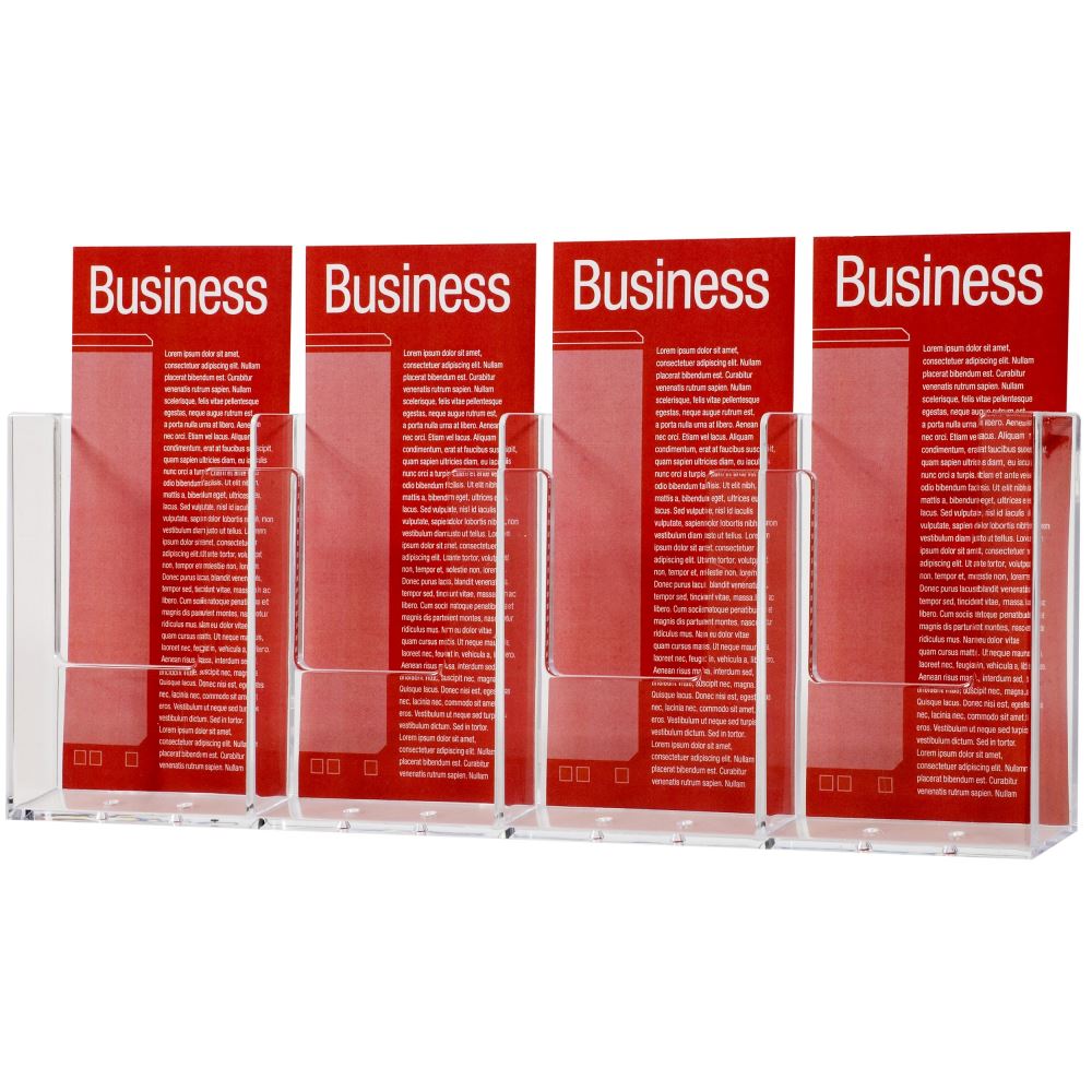 Wall-mounted Esselte brochure holder with 4 compartments for organized display of brochures and business cards.