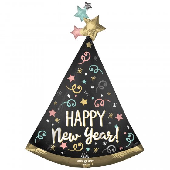 Vibrant SuperShape Confetti Satin Happy New Year Hat, a 68cm x 91cm festive foil balloon for joyful celebrations.