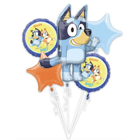 Pack of 5 Bouquet Bluey P75 self-sealing foil balloons in various shapes and sizes.