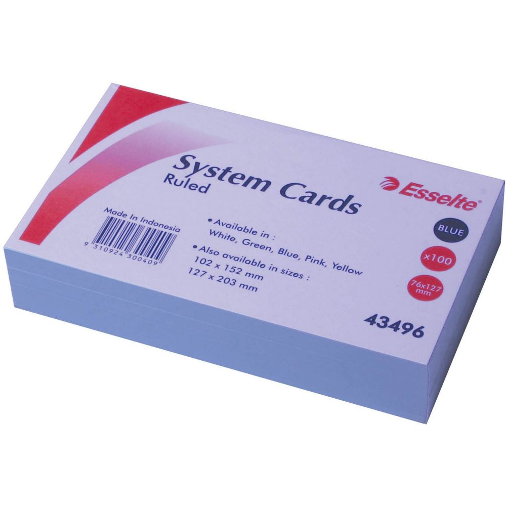 Blue system cards pack of 100, 127x76mm, ruled on both sides, made from sturdy 200gsm board for organization and presentation.