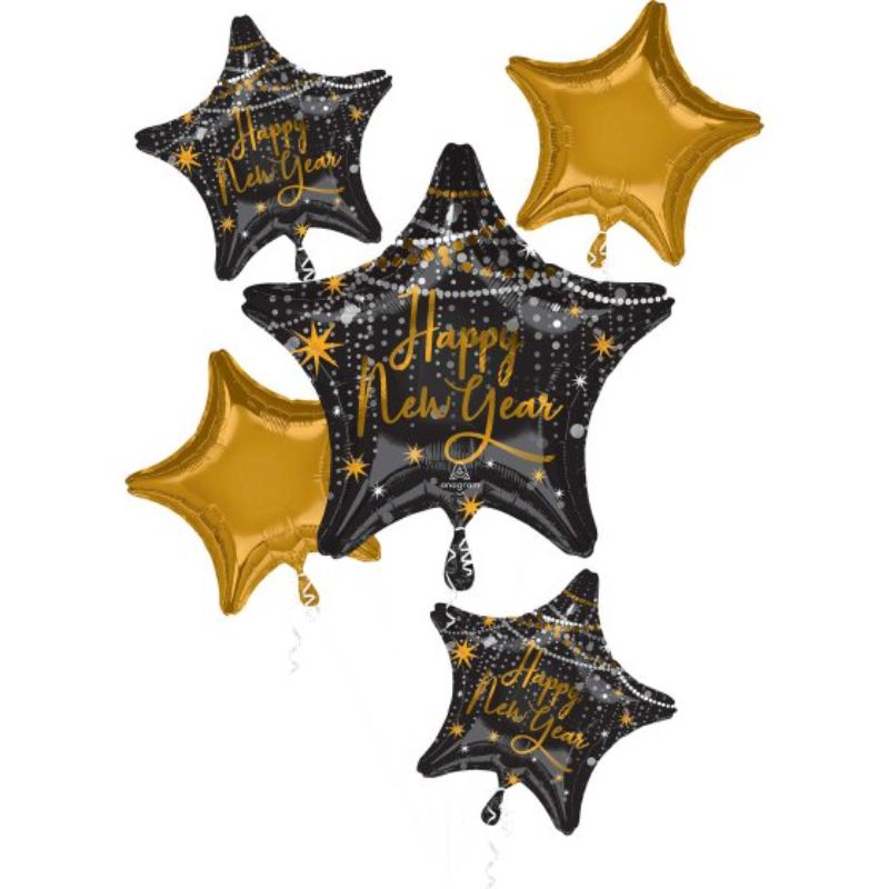 Pack of 5 vibrant self-sealing foil balloons celebrating New Year's with a midnight hour theme for festive decor.