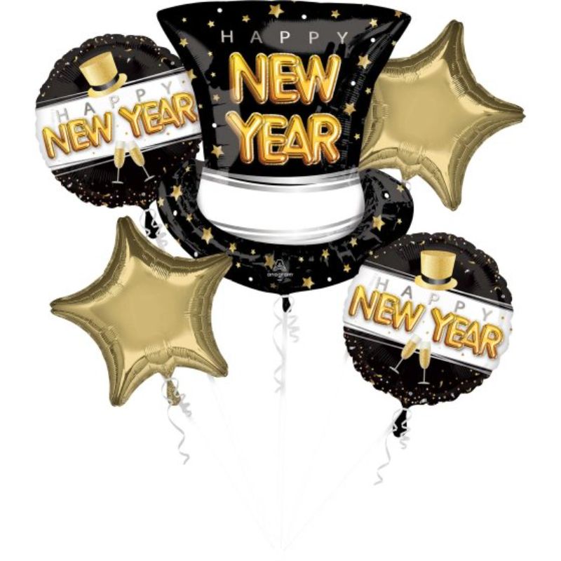 Pack of 5 vibrant self-sealing foil balloons for New Year celebrations, featuring cheerful designs for festive decor.