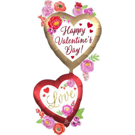 Giant Happy Valentine's Day foil balloon with watercolor floral design, 63cm x 132cm, perfect for celebrations.
