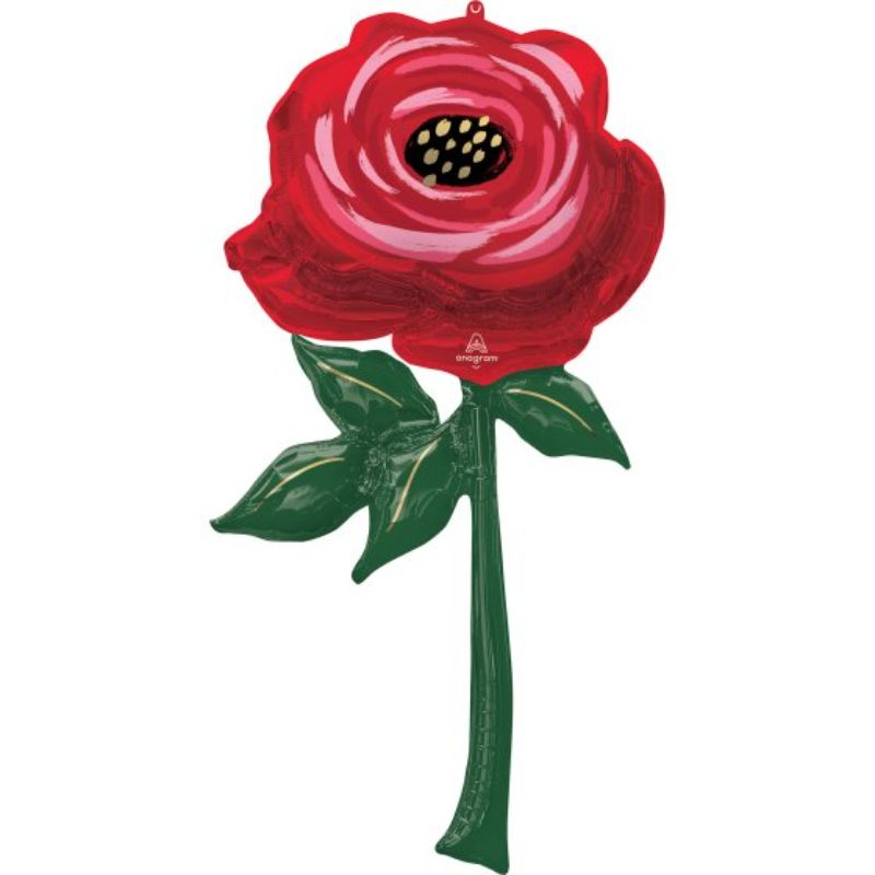 Giant foil balloon in the shape of a painted rose, 83cm x 157cm, perfect for vibrant celebrations and photo ops.
