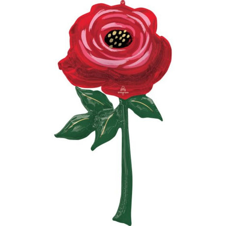 Giant foil balloon in the shape of a painted rose, 83cm x 157cm, perfect for vibrant celebrations and photo ops.