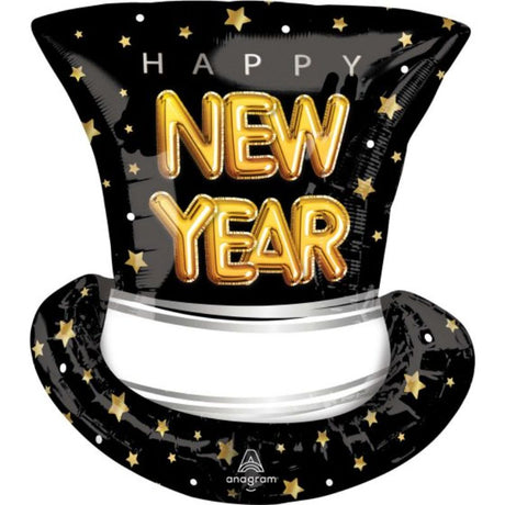 SuperShape XL New Year top hat balloon, vibrant 'Pop Clink Cheers' design, perfect for festive celebrations and photo props.
