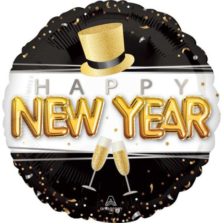 45cm self-sealing foil balloon with 'Pop Clink Cheers' design, perfect for New Year's Eve celebrations.