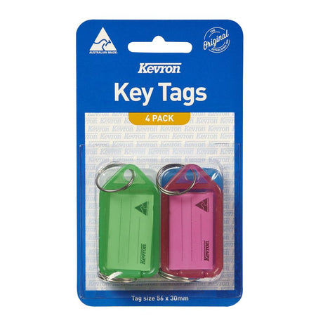 Kevron Key Tags ID5 Assorted Pack 4 in vibrant colors for easy key identification and organization, measuring 56x30mm.