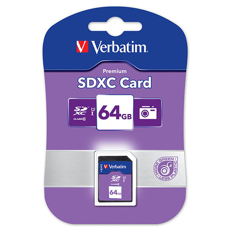 Verbatim 64GB SDXC Card, Class 10 UHS-I, ideal for high-speed data transfer and compatible with various devices.