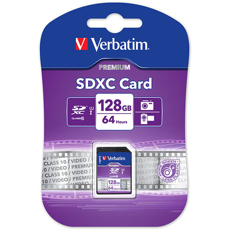 Verbatim 128GB SDXC Card Class 10 for high-speed data storage and seamless Full HD video recording.