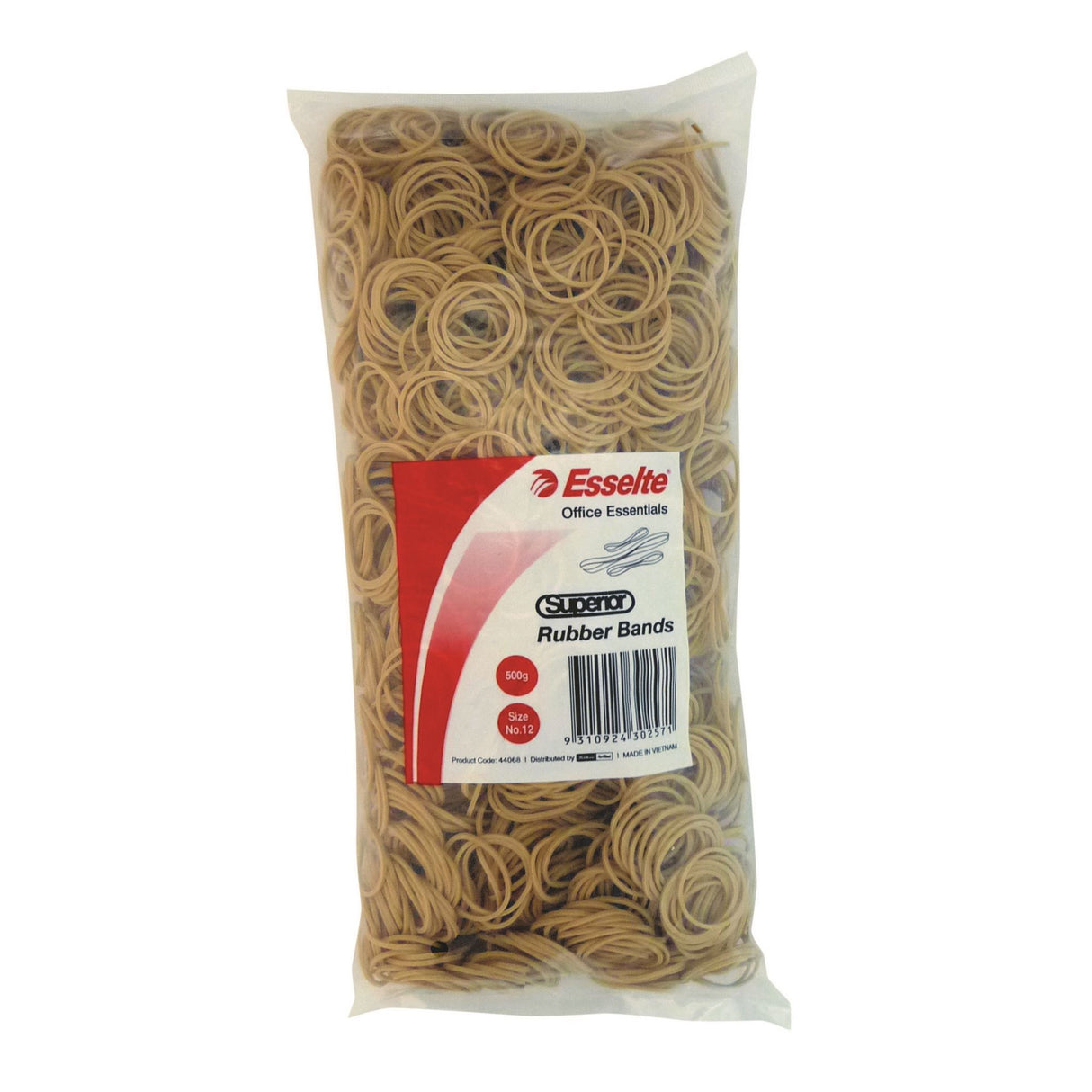 Esselte Superior Rubberbands Size 10 in a 500g bag, made from durable natural rubber for versatile office and home use.