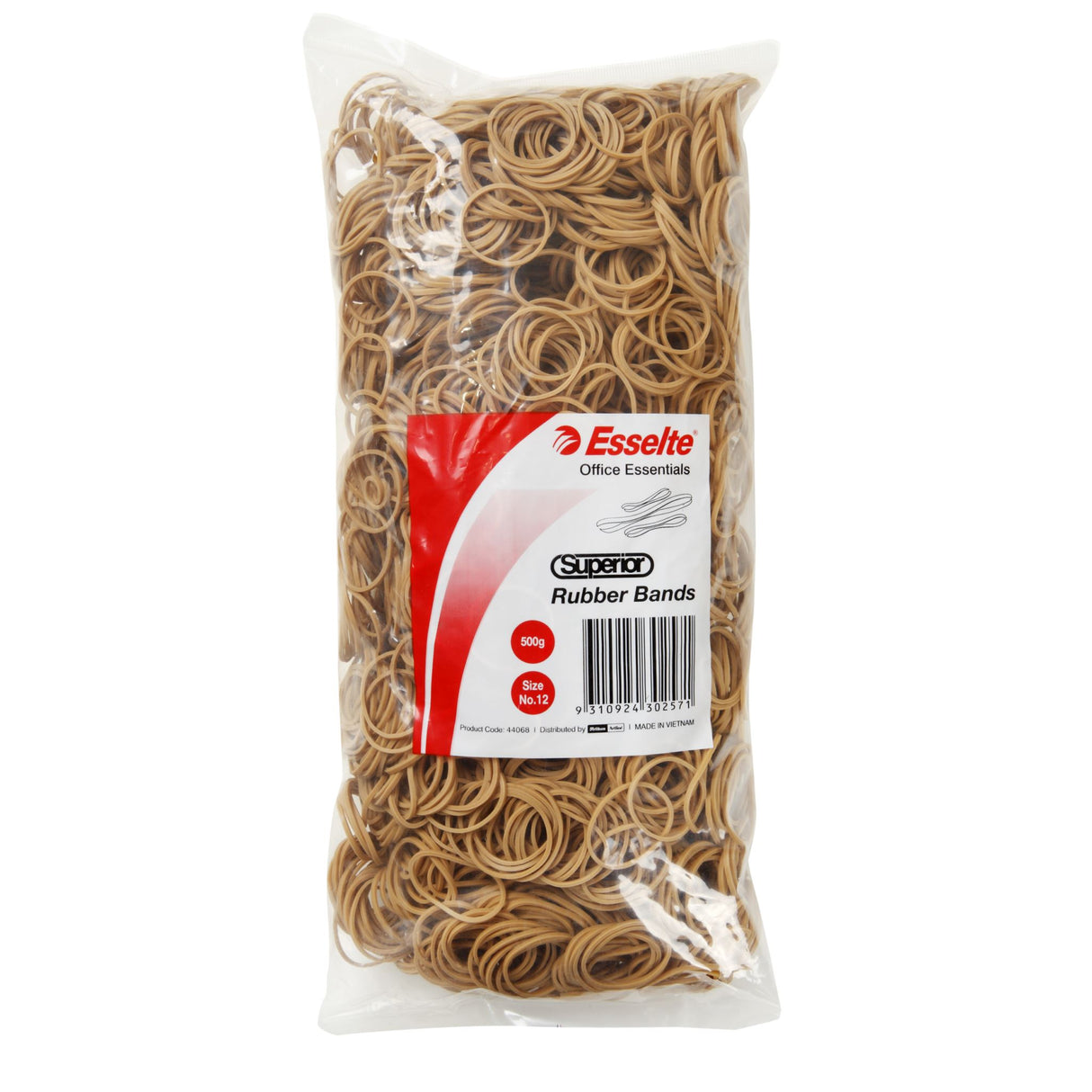 Esselte Superior Rubberbands Size 12 in a 500g bag, durable natural rubber for organizing documents and office tasks.