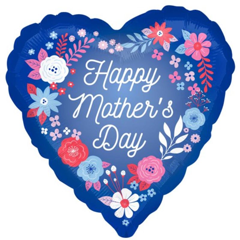 45cm blue Happy Mother's Day foil balloon with artful floral design, perfect for celebrations and gifting.