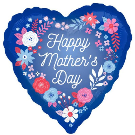 45cm blue Happy Mother's Day foil balloon with artful floral design, perfect for celebrations and gifting.