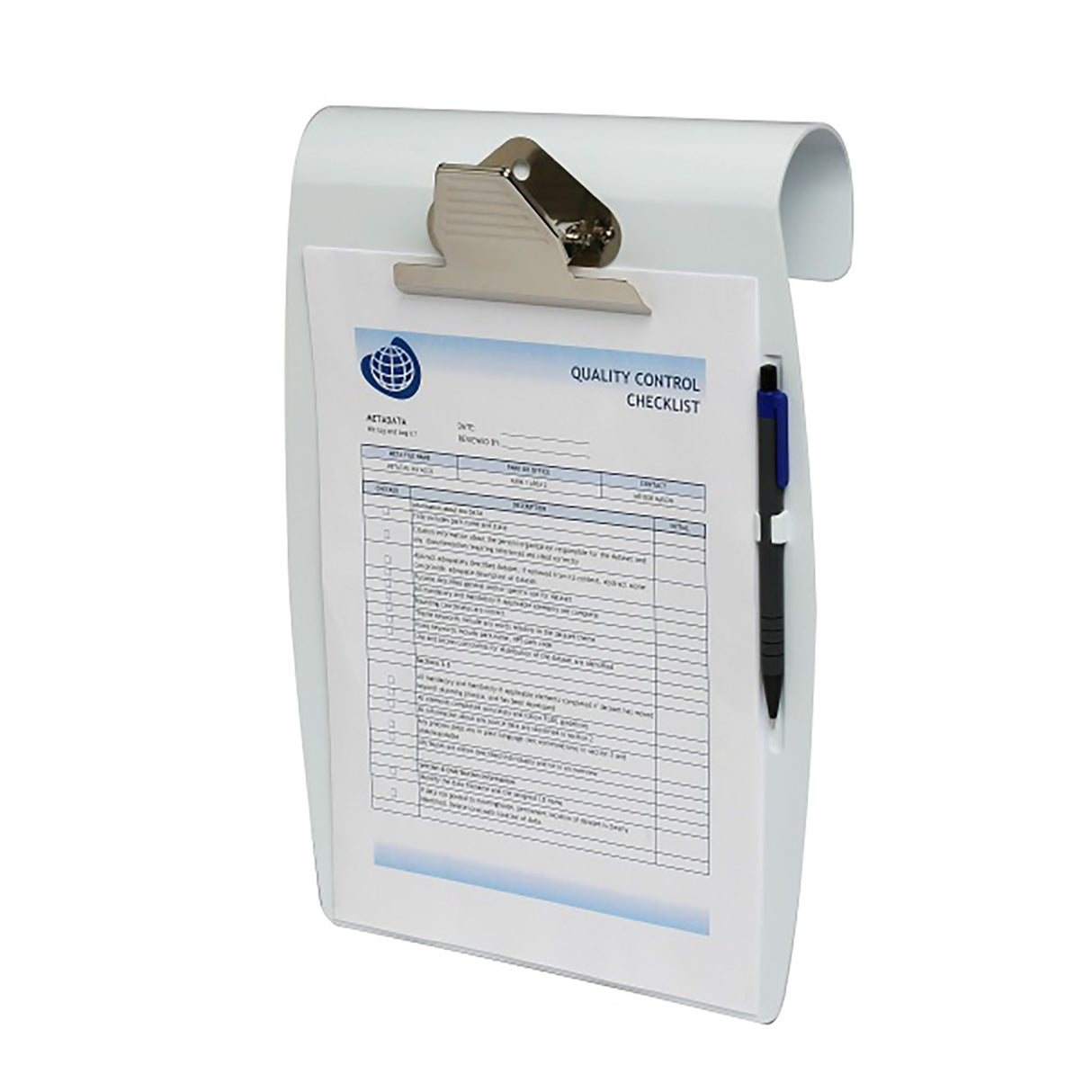 Marbig Clipboard Hang It A4 White, heavy-duty with clip, pen holder, and innovative hanging feature for organized workspaces.
