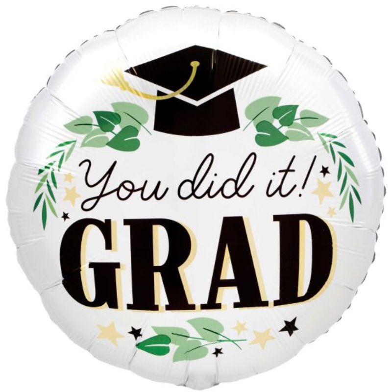 45cm self-sealing foil balloon featuring 'You did it GRAD' with ivy satin design, perfect for graduation celebrations.