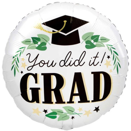 45cm self-sealing foil balloon featuring 'You did it GRAD' with ivy satin design, perfect for graduation celebrations.