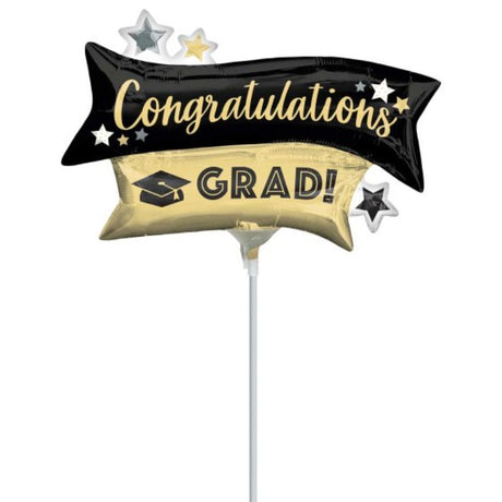 Gold and black Mini Shape Congratulations GRAD foil balloon, perfect for stylish graduation celebrations and events.