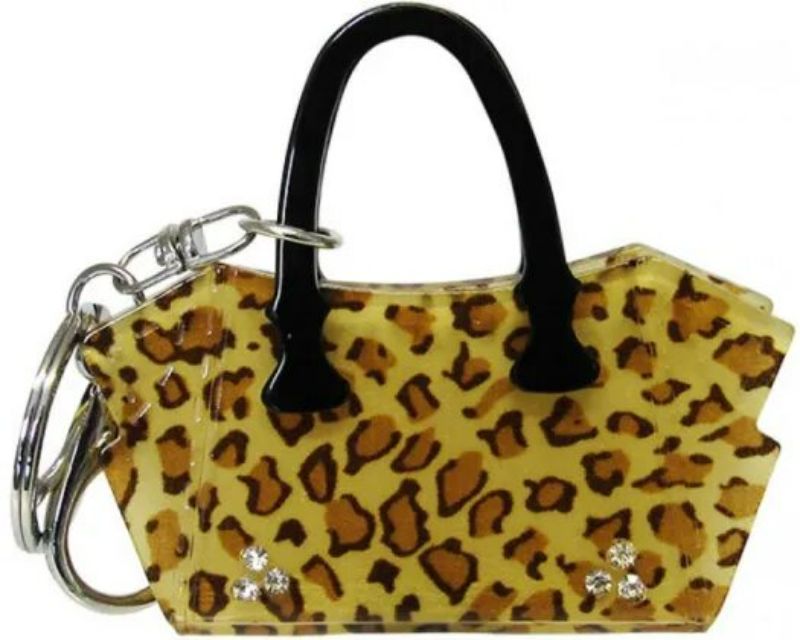 Compact 8cm leopard print keyring handbag, stylish acrylic design perfect for keys or as a fun accessory addition.