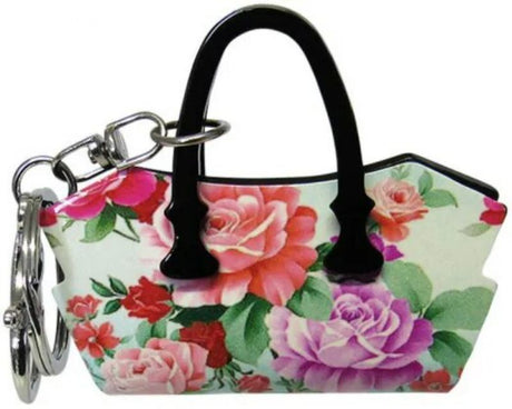 Stylish 7cm acrylic keyring handbag featuring a beautiful rose design for a chic accessory upgrade.