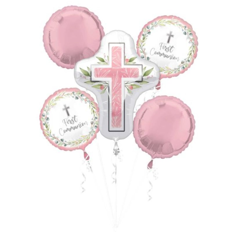 Pack of 5 pink self-sealing foil balloons for First Communion celebrations, featuring charming designs for a special day.