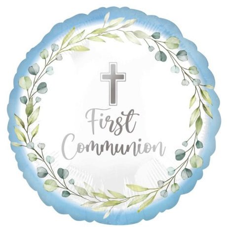 45cm blue foil balloon for My First Communion celebration, durable and vibrant, ideal for decor or photo ops.
