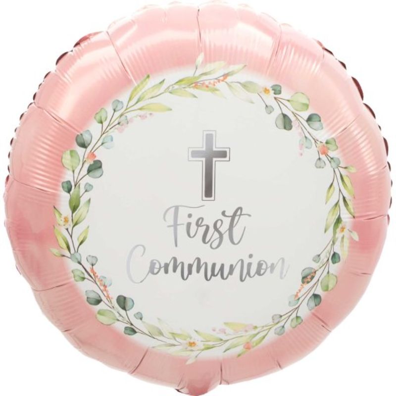 45cm pink foil balloon for My First Communion, perfect for celebrations with vibrant colors and elegant design.
